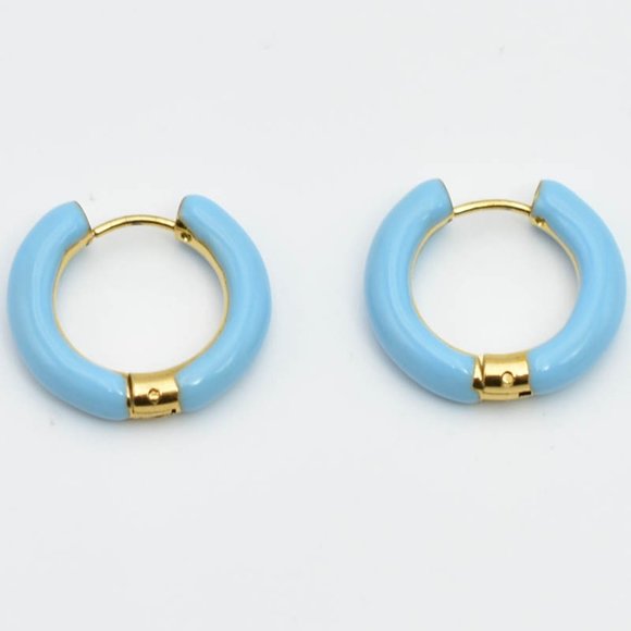 14k Gold Plated Blue Enamel Hoop Earrings - Picture 3 of 8
